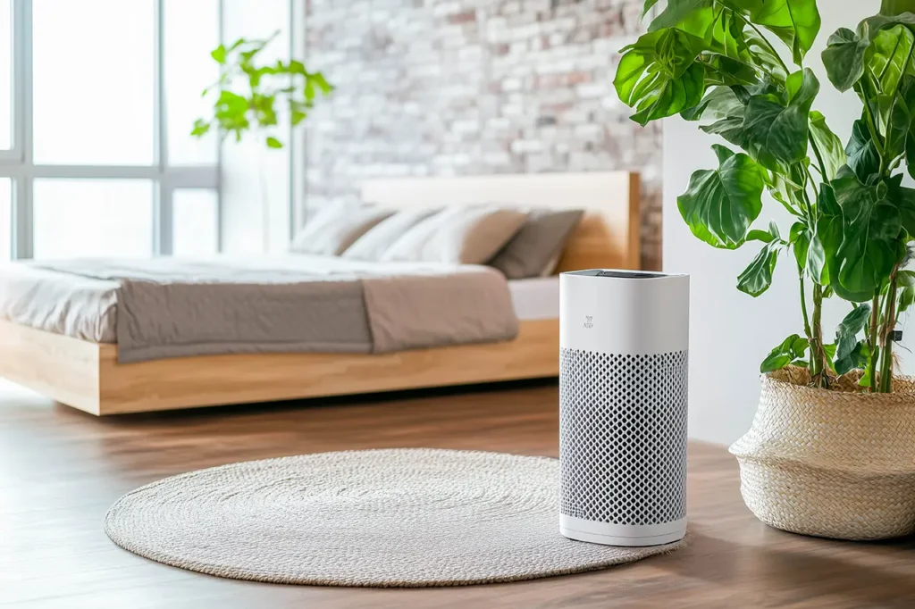 ঘরে মুক্ত বাতাসের খোঁজে 6 air purifier with digital screen fresh green leafs blown flow by wind room