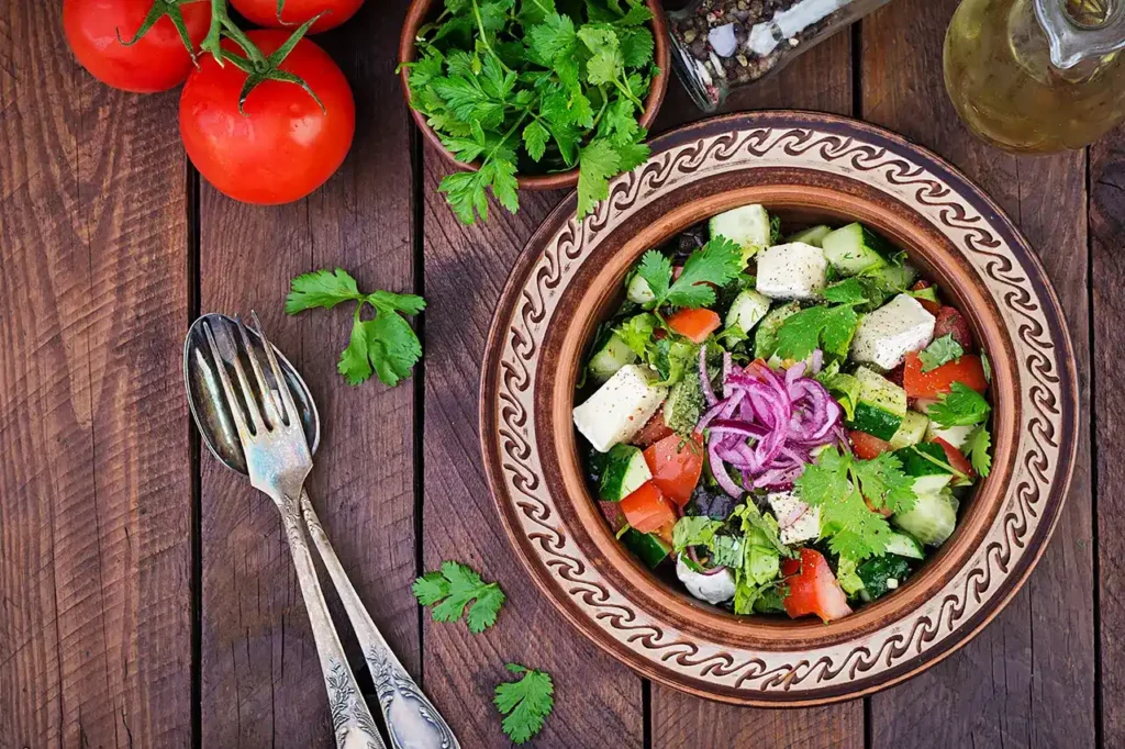 মেডিটারেনিয়ান ডায়েট যে কারণে শ্রেষ্ঠ 6 vegetarian salad with cherry tomato brie cheese cucumber cilantro red onion american cuisine top view flat lay 1 11zon