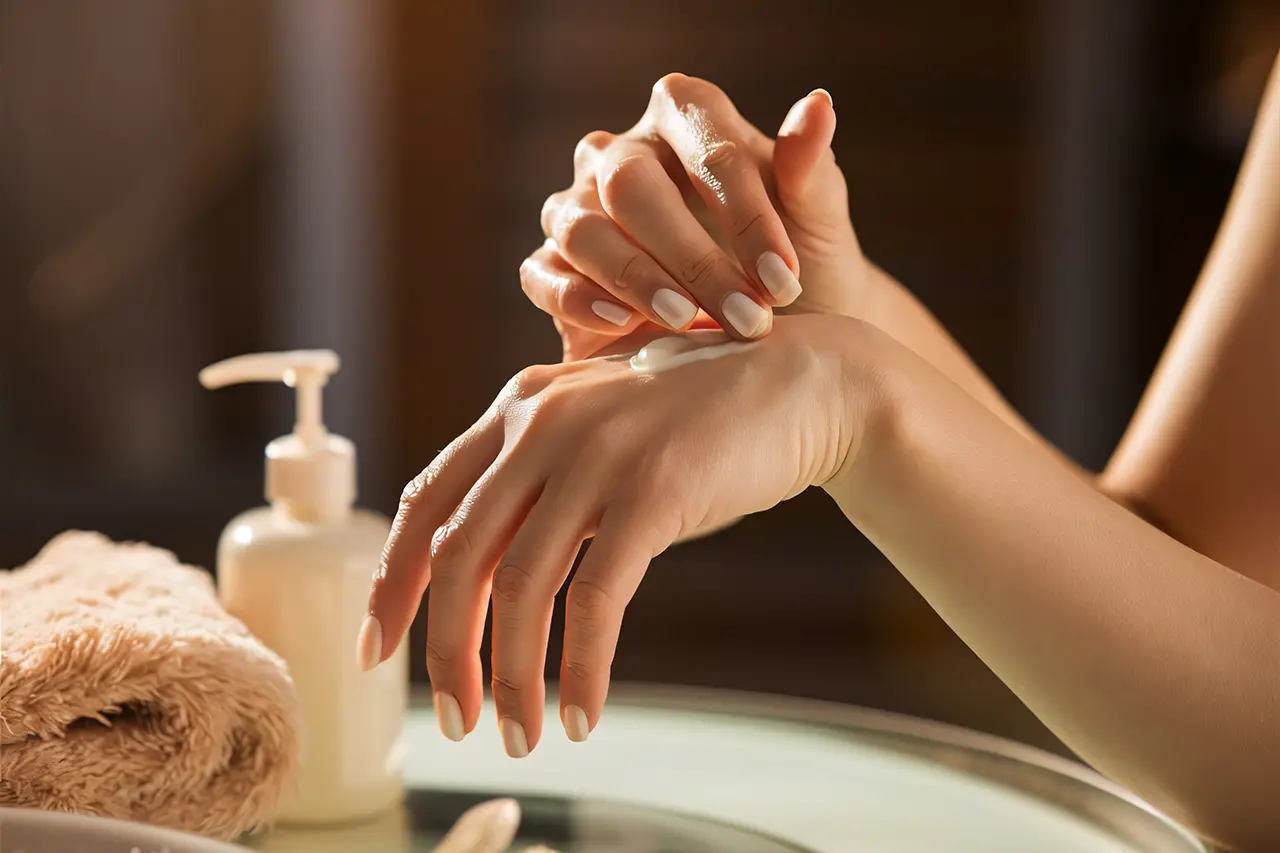 এই সময়ে হাতের যত্ন 6 closeup hands applying luxurious cream soft elegant skincare background