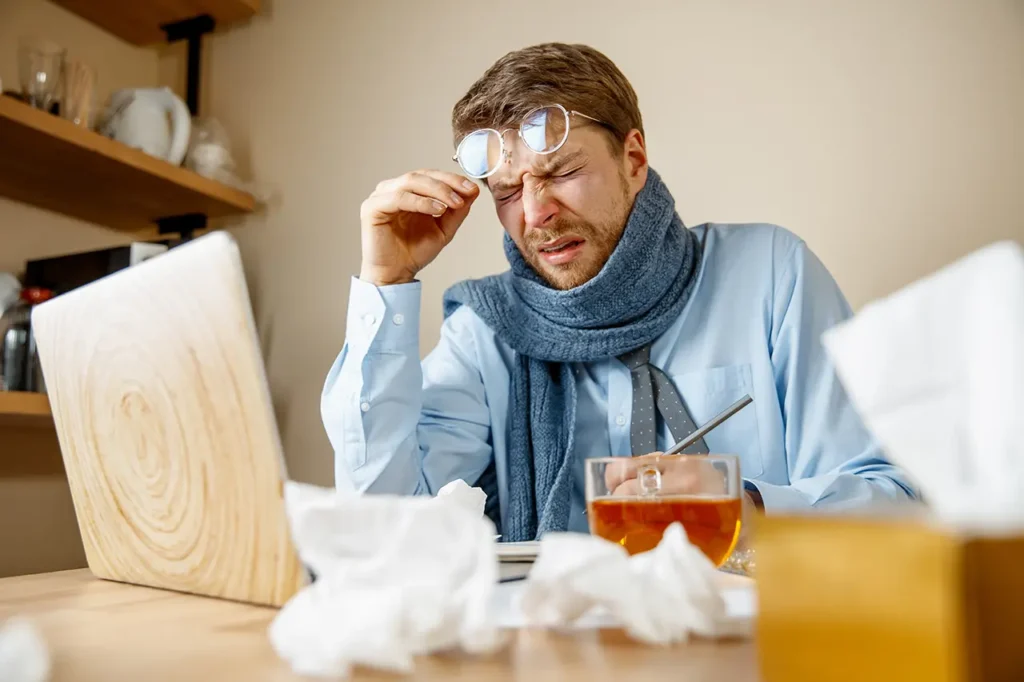 ঋতু পরিবর্তনে সুস্থ থাকুন 6 man feeling sick tired man with cup working home businessman caught cold seasonal flu