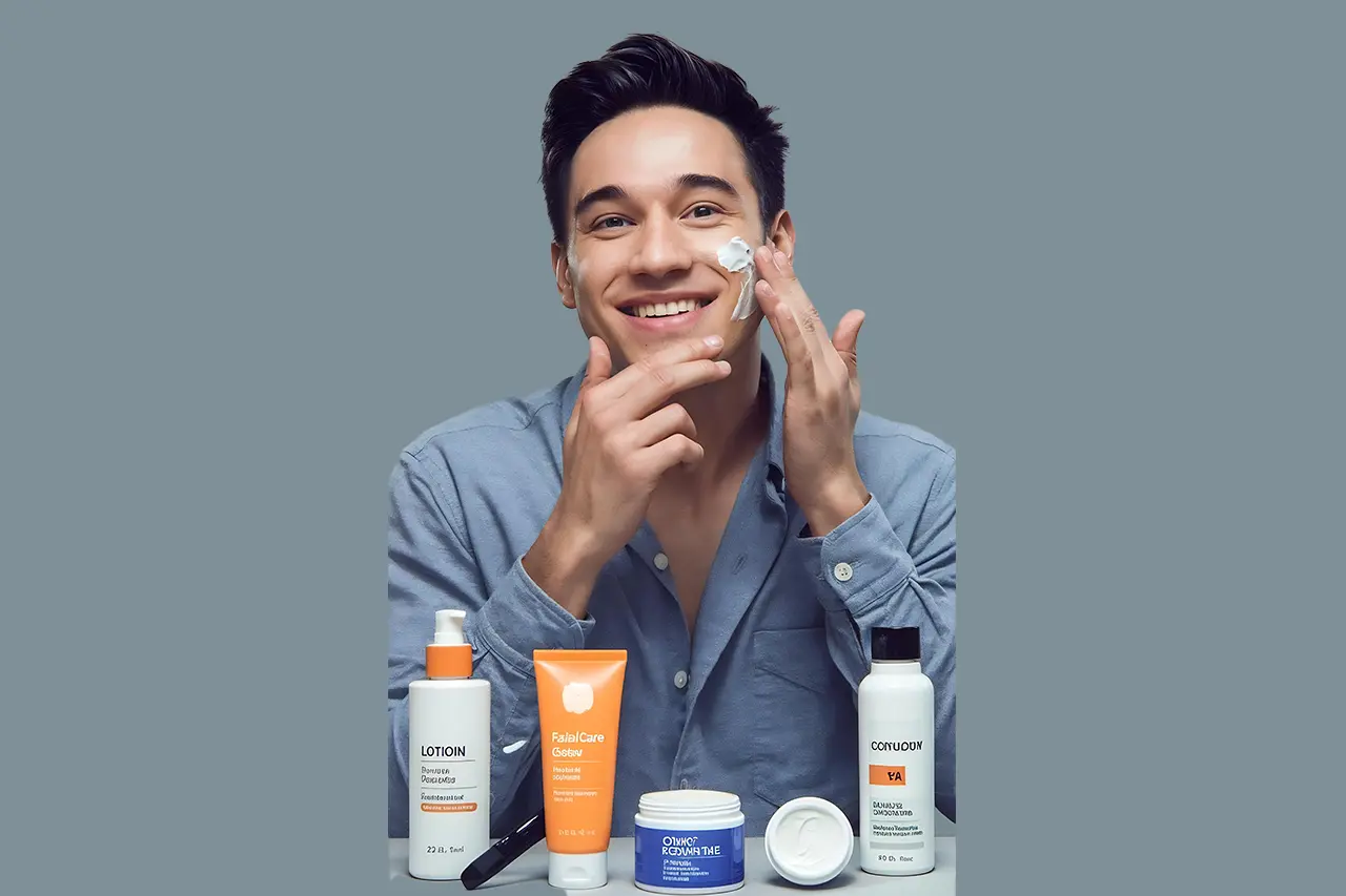 ত্বক ভালো রাখার সবচেয়ে সহজ উপায় 6 man happy portrait with cream studio skincare hydration skin tone with dermatology copy