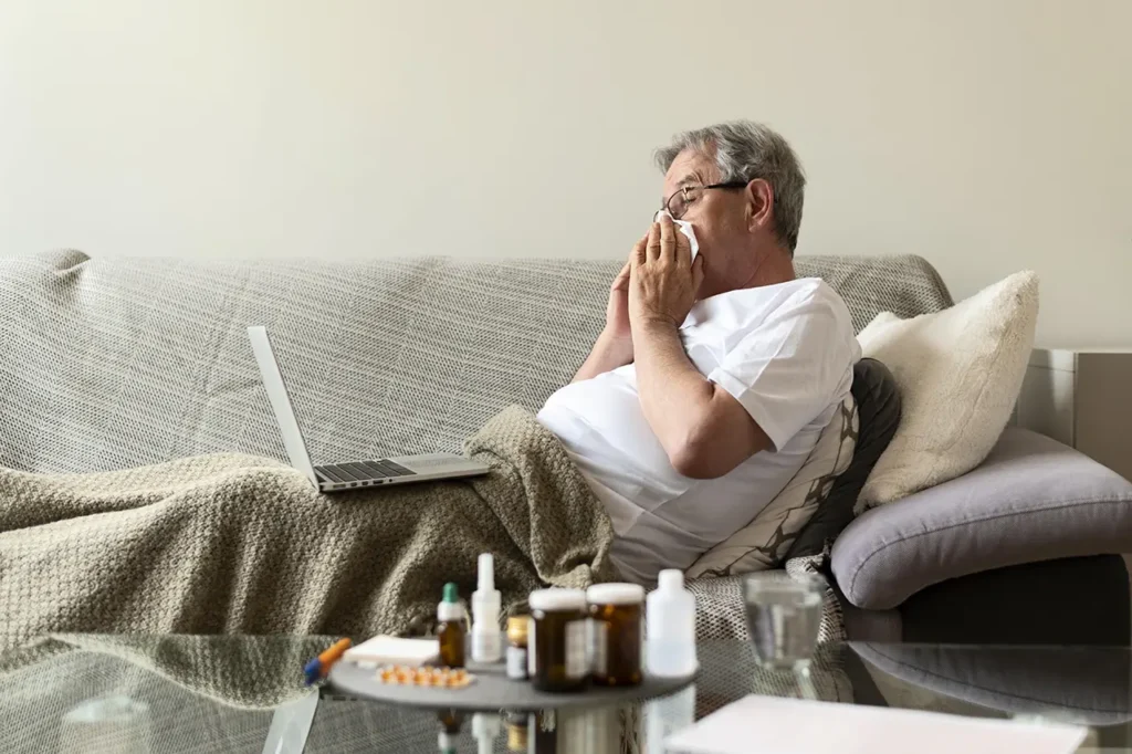 ঋতু পরিবর্তনে সুস্থ থাকুন 7 medium shot sick man couch with laptop