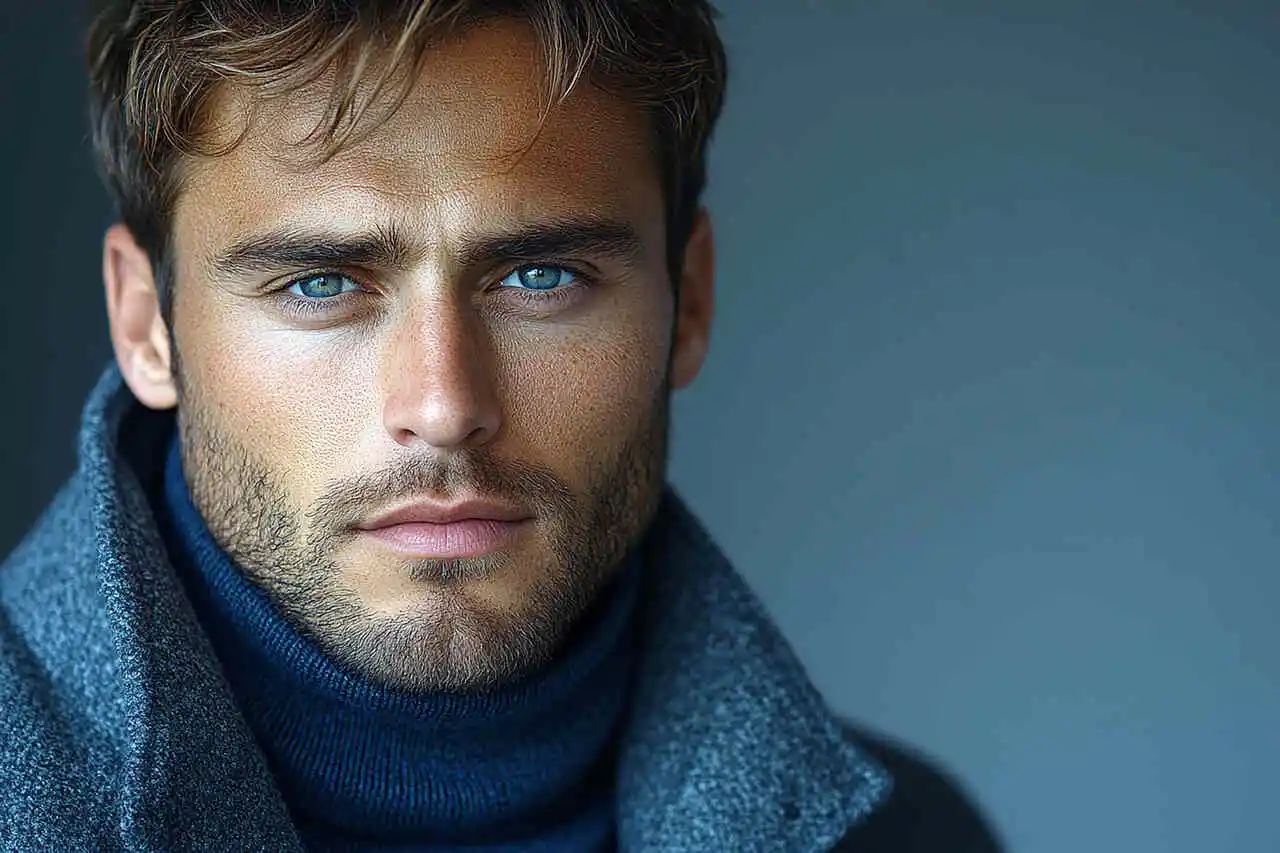 man with blue eyes blue sweater