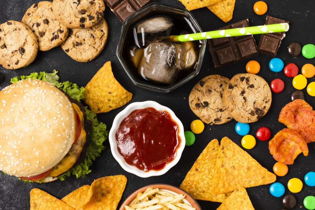 flat lay fast food meal