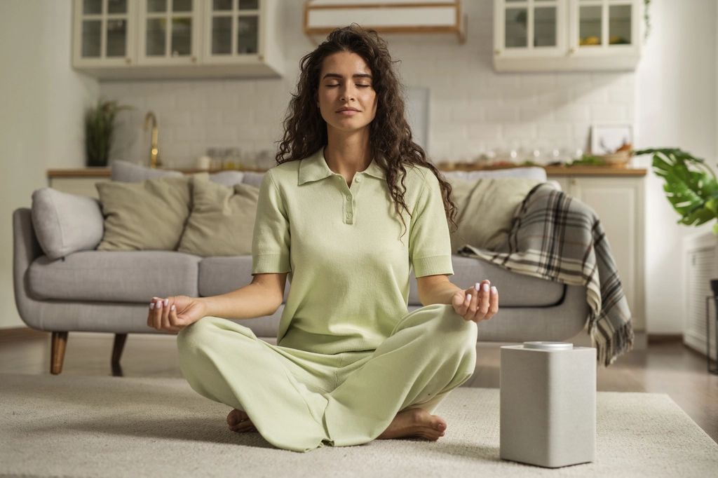 ধীরে বহমান জীবনের যত সুফল 8 full shot woman meditating home